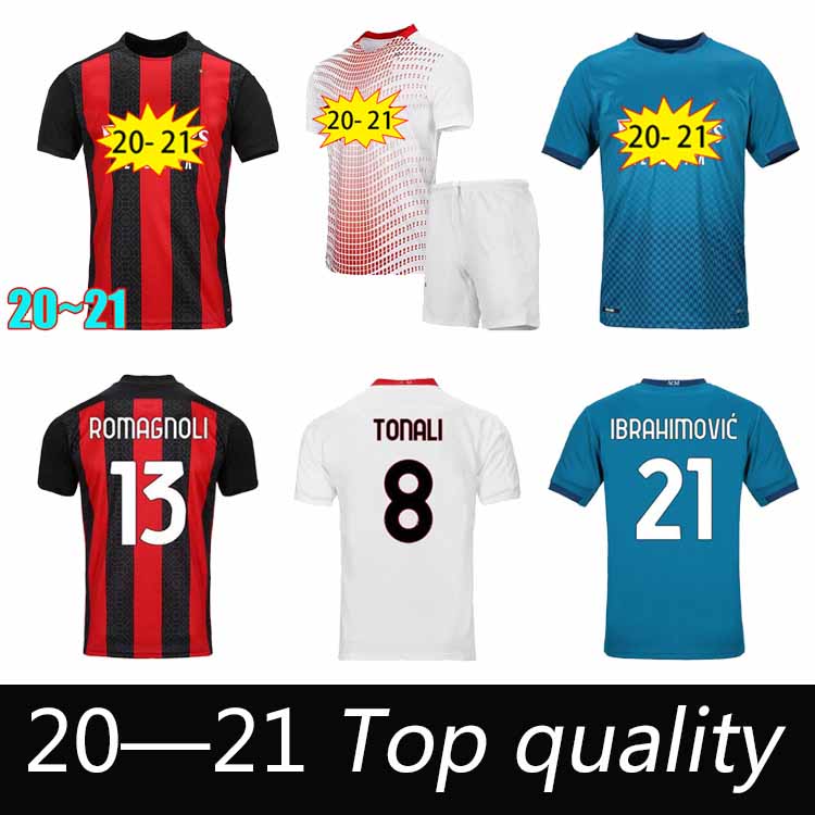 Nouveau CA Milan 2020 Jersey de football Ibrahimovic Paquetta Bennacer Romagnoli Calhanoglu 2021 Chemise de football Tonali Rebic Maillot Men + K