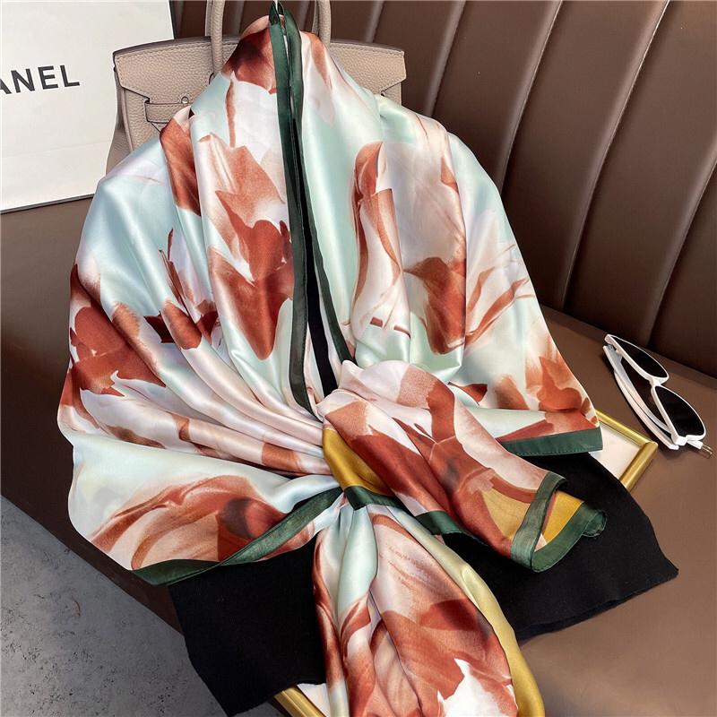 

Scarves Flower Print Women Fashion Chiffon Silk Scarf Long Soft Wrap Simulation Shawl Ladies Beach Bandana 2022, Blue;gray