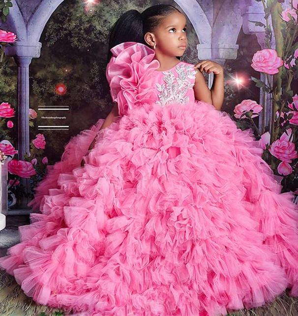 

2022 Lovely Pink Flower Girls Dresses Jewel Neck Lace Appliques Crystal Beads Ruffles Tulle Tiered 3D Floral Floor Length Kids Birthday Girl Pageant Gowns, Ivory