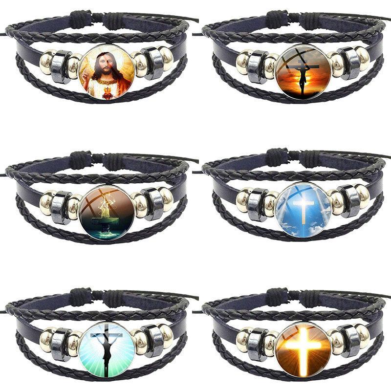 

Bible Series Jesus Portrait Cross Virgin Mary Vintage Jewelry Plated Black Leather Bracelet Bangle For Women Christmas Gift1