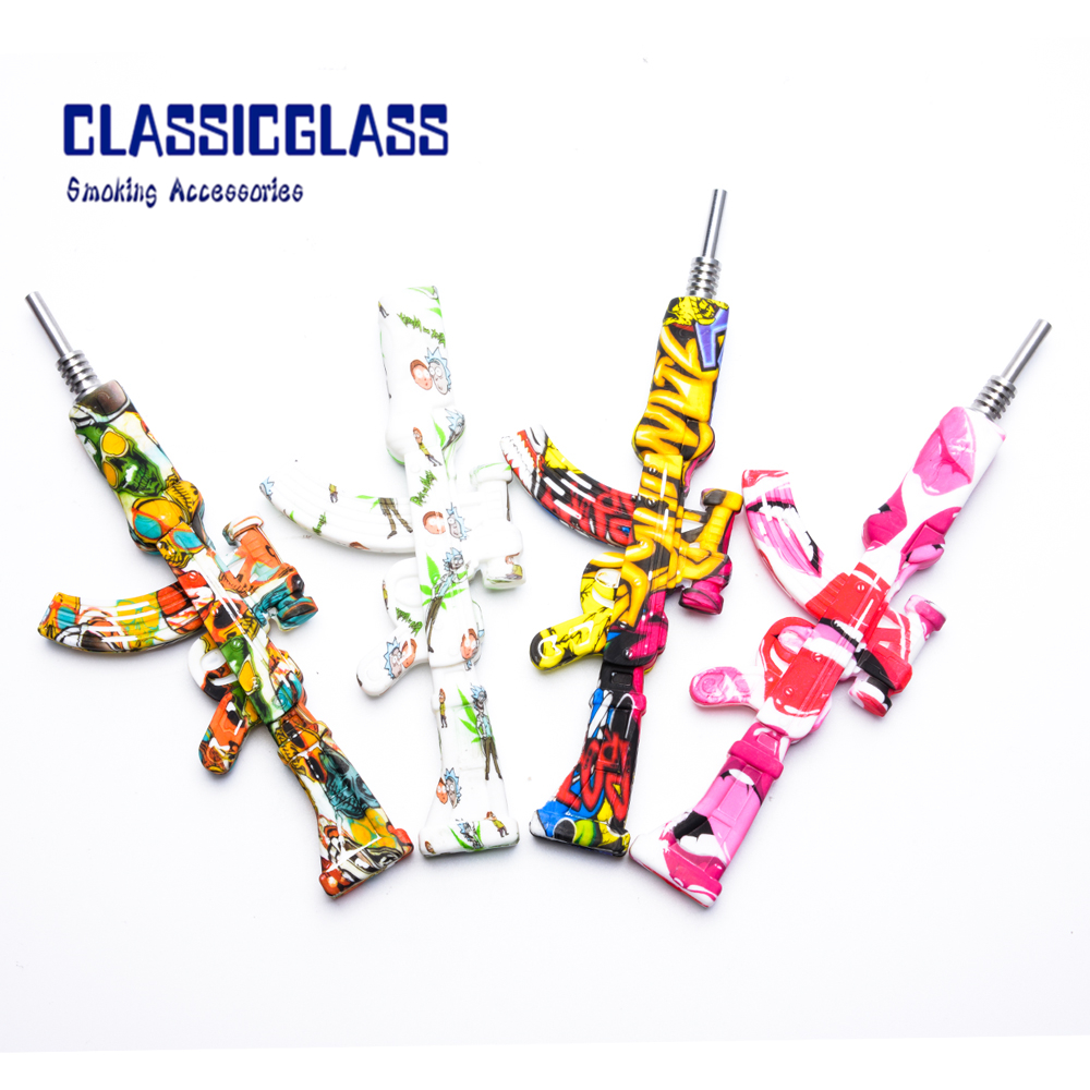 

6.3 inch silicone NC kits smoke Water transfer printing AK47 silicon nectar collect pipes with stainsteel tip