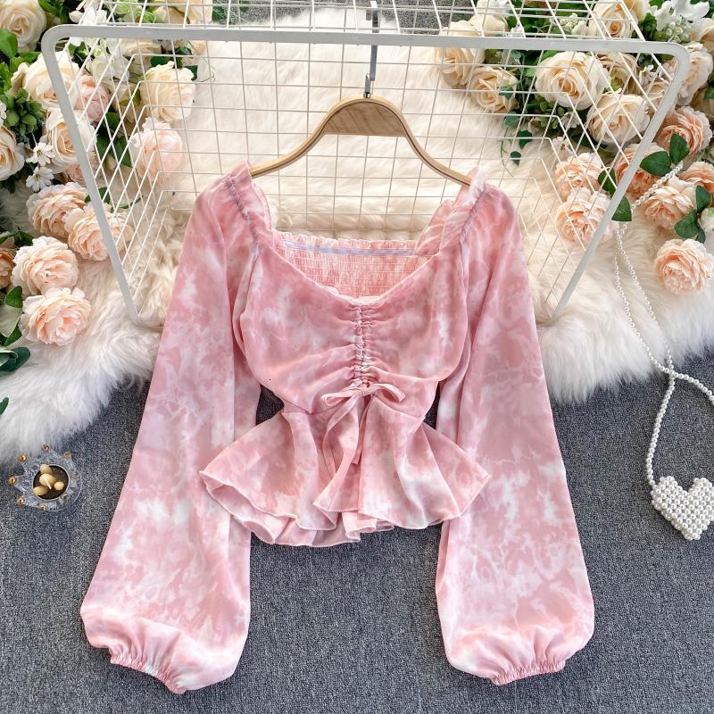 

2021 New female singiny tie dye blouse autumn cord puff ruffles elastic fashion tops frilly sweaters WVIM, Purple