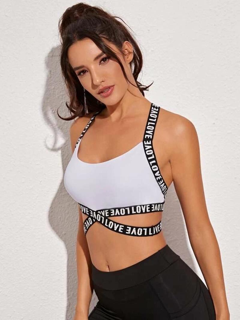 

Shoulder strap letter cross Lovely Push Up Sports Bra XL For Women Comfy Gym Bra Yoga Underwear Workout Fitness Top, White