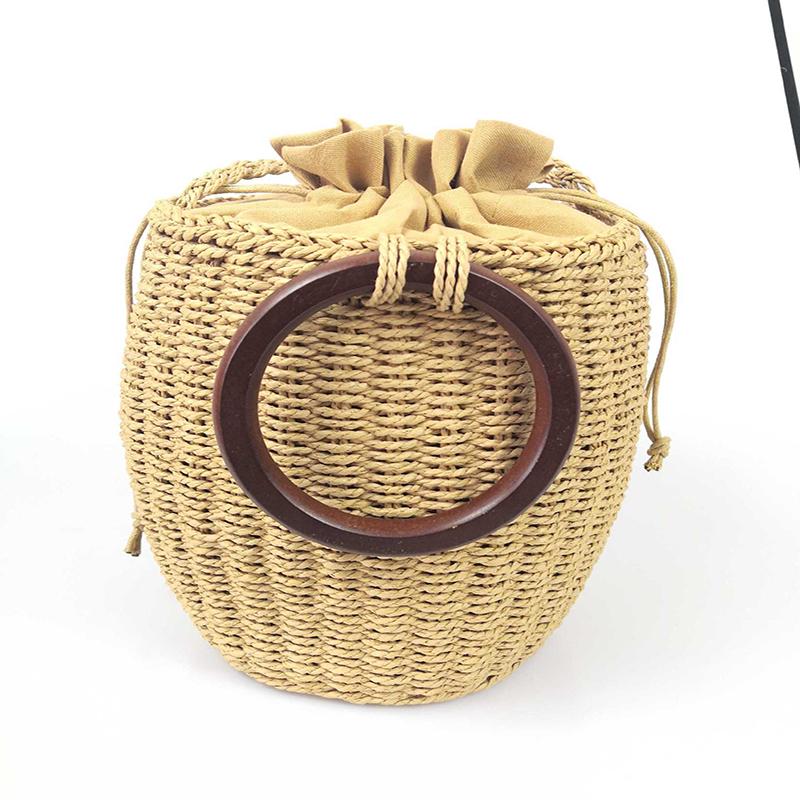 

Multi-styles Straw Bags Handmade 2020 Summer Woven New woven bucket bag antique wooden handle handbag beach holiday bag, Beige