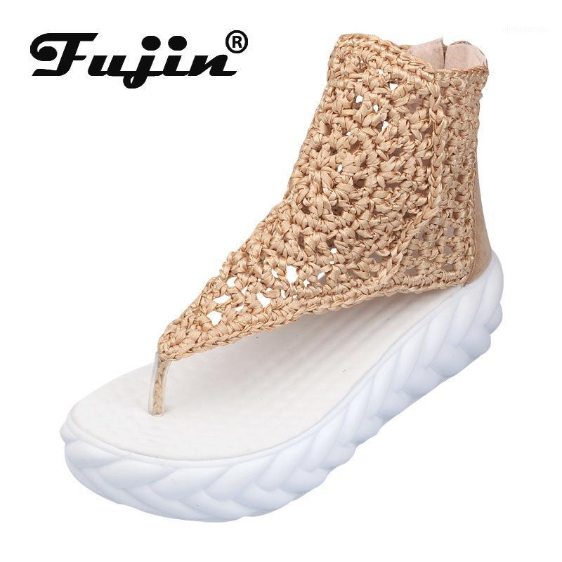 

fujin breathable platform sandals boots knitting 2020 summer shoes women thick sole slides sandals casual adjustable wide1, Beige