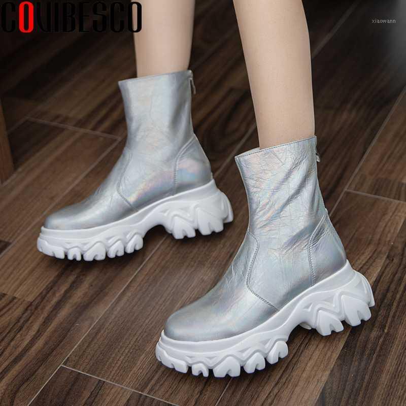 

COVIBESCO Concise Genuine Leather Women Ankle Boots Platforms Shoes Woman Back Zipper Thick Heels Autumn Winter 2020 New Boots1, Black