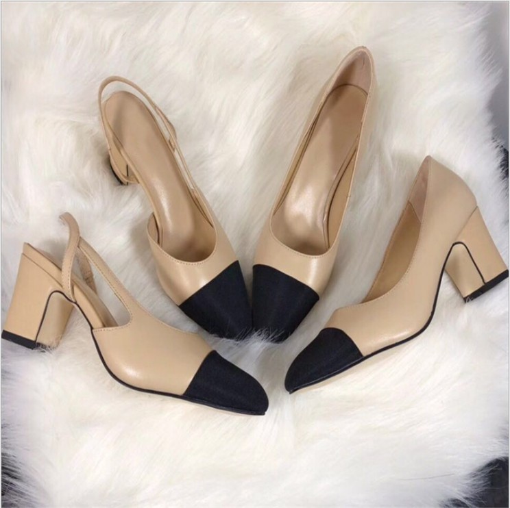 

Hot Sale-High Heels Patchwork Split Color Ladies Fashion Shoes Genuine Leather Open on Formal Chunky Heel Slingbacks Sandals, Ivory