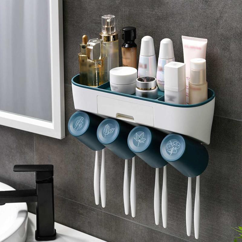 

Toothbrush Holder Bathroom Accessories Toothpaste Squeezer Dispenser Tissue Storage Shelf Set With Cup For Bathroom Adsorption