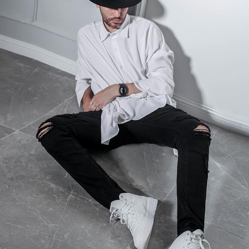 

Men's jeans European and American high street style ripped slim stretch pants skinny leg pants small leg stretch, Black
