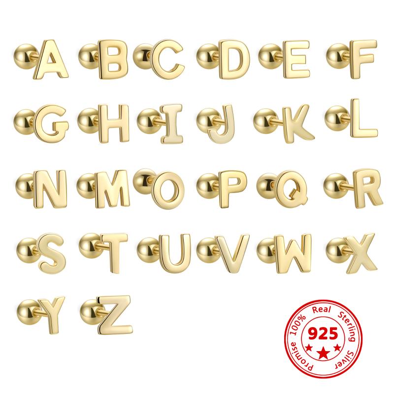 

Stud 925 Sterling Silver Simple Fashion Alphabet Letter A~Z Spiral Bead Earrings For Women Man Punk Hip Hop Initial Name Jewelry, Golden;silver