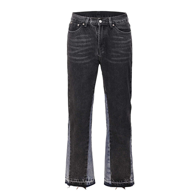 

Patchwork Flare Jeans Men Streetwear Wide Leg Denim Pant Hip Hop Colorblock Slim Fit Denim Jeans for Men, Blue
