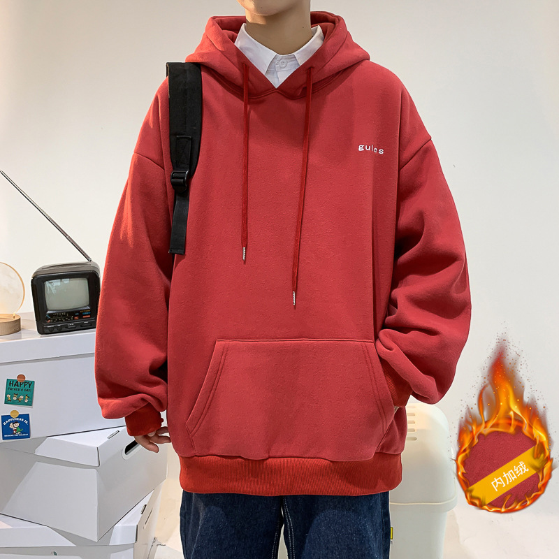 

2021 Sweater Velour-lined Fashion Tops Hong Kong Style Autumn i Embroidered Nightgown with Long Sleeve Male Hood Paragraph in Beha 89hb, Red