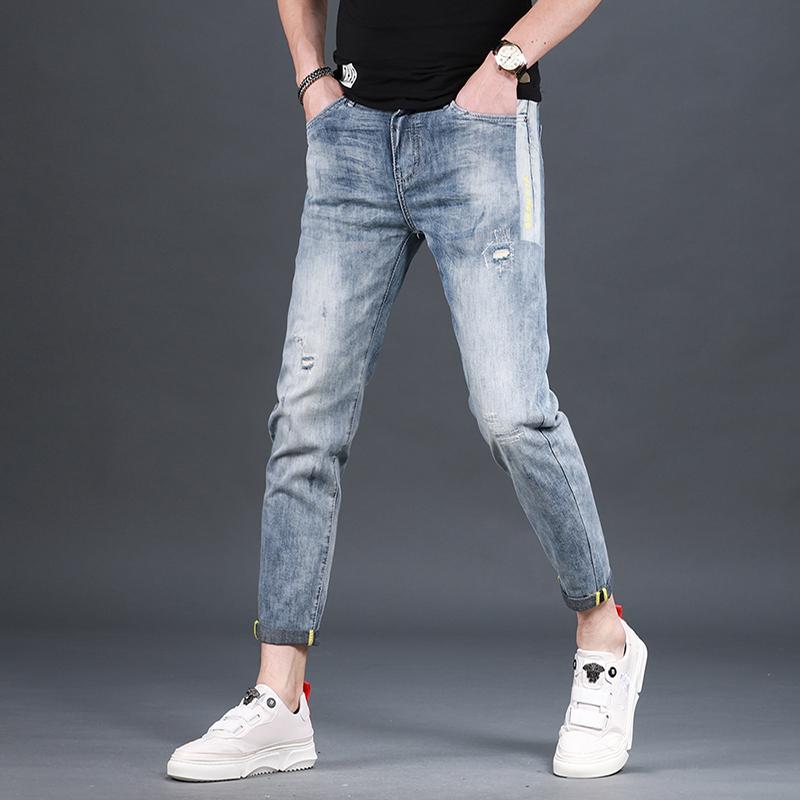 

Summer Men Jeans Fashion Ripped Printed Slim Fit Stretch Pencil Pants, Blue
