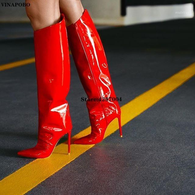 

Fashion European Thin High Heel Zipper Knee High boots Shiny Patent Leather Mirror Stylish Champagne Purple Green Runway Boots1, As the picture
