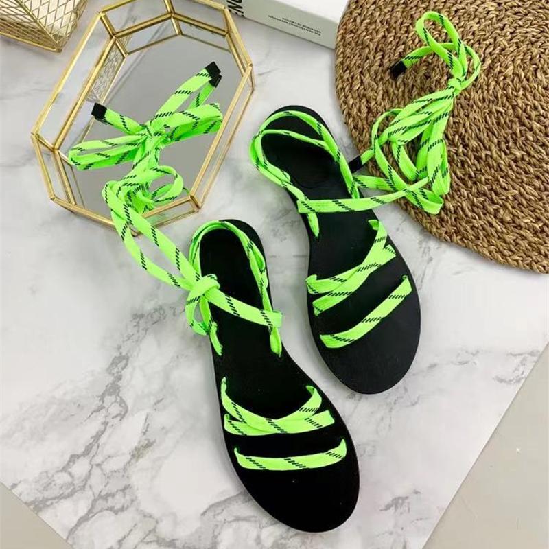 

Womem Summer Punk Sandal Casual Flats Fashion Shoes Lace Up Green Ankle Strap Sandalias Leather Gladiator Sandals, As picture