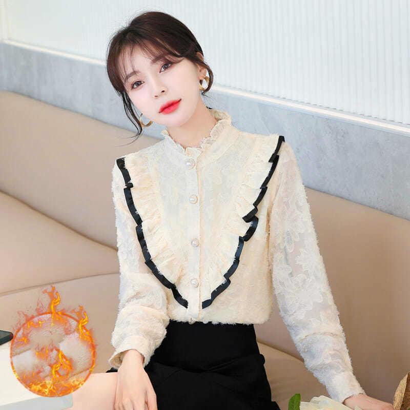

Autumn And Winter fashion long sleeve lace tops elegant female lace stitching casual blouse 2021 new korean women shirt Y68, Apricot 1