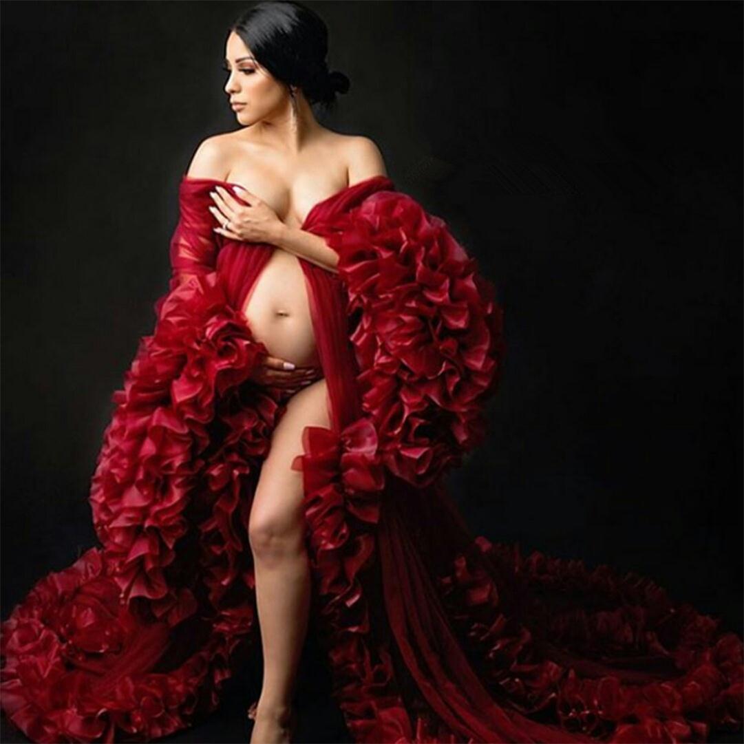 Dark Red Bridal Sleepwear Robes 2021 Plus Size Tiered Ruffles Long Sleeve Maternity Nightgowns Bathrobe Photoshoot Gowns