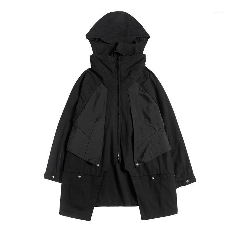 

Techwear Hooded Hit Block Color Patchwork Hip Hop Long Trench Jackets Coats For Men Overcoat Spring Autumn Casual Outerwear Full1, Black trench