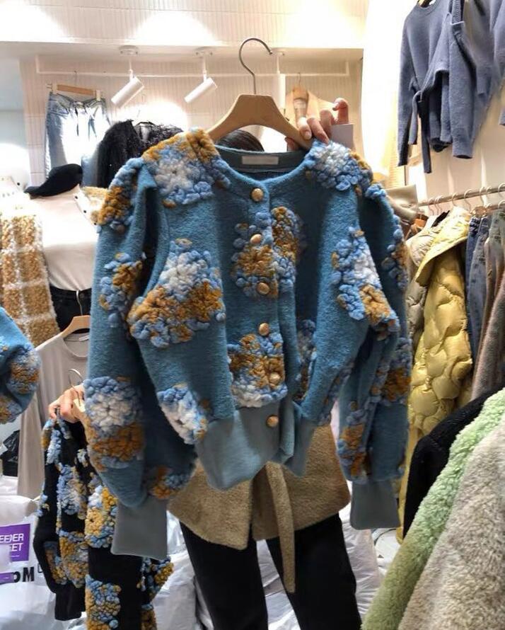 

2021 Autumn Cardigan Short Jacket Vintage 3d Flowers Korean Coat Women Long Sleeve Neck Jumper P2143 Ss3m, Blue