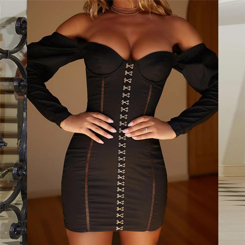 

Fashion Women Dress Party Bodycon Off Shoulder Slash Neck Bandeau Slim Stretch Dresses Front Buttons Vestidos Solid Fall Dresses, Black