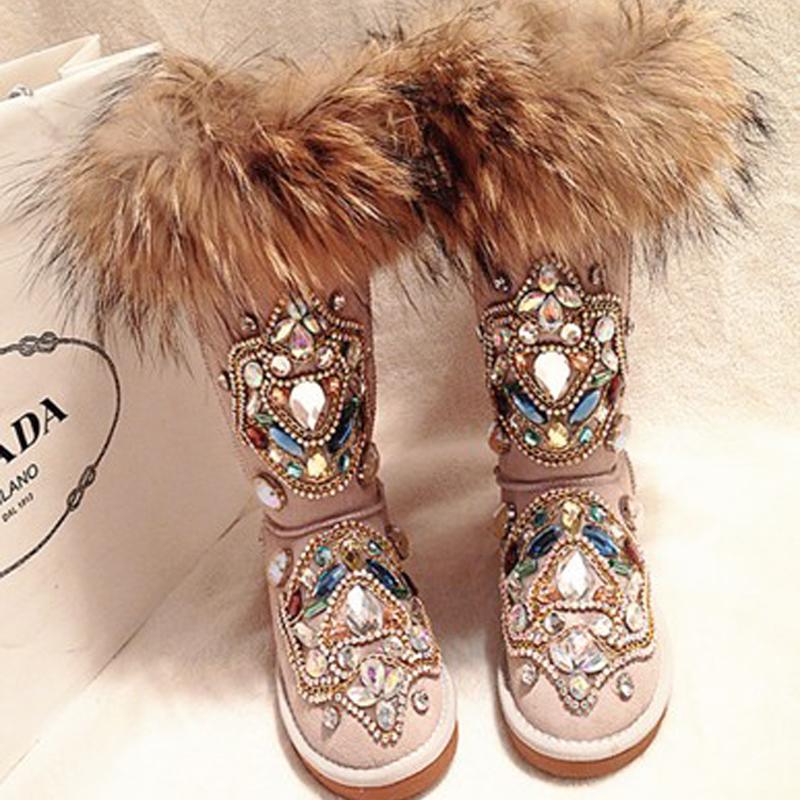 

2020 Winter Snow Boots Women Real Fur Rhinestone Handmade Warm Flat Ankle Boots Genuine Leather Comfortable Casual Shoes Women, As picture