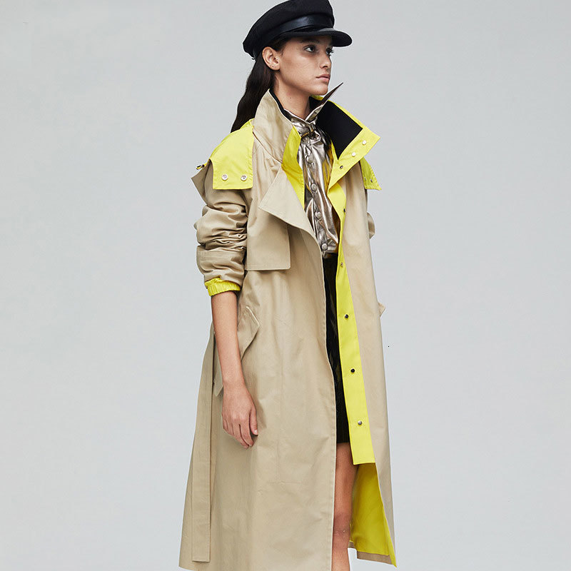 

2021 New Autumn Fashion Cotton Coat with Belt Women Long Trench Hooded Chic Windproof Casaco Abrigo Streetwear If4p, Khaki