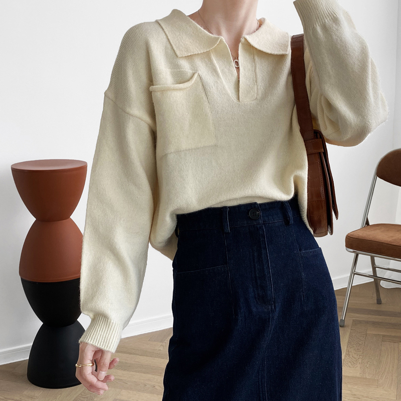 

Color solid autumn female kintted lapel jumpers loose sleeve long fashion design outerwear sweater top, Beige
