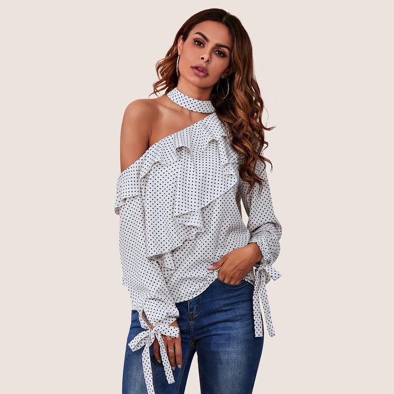 

Ladies Sexy Shirt Off Shoulder Halter Casual Blouse Spring Autumn Polka Dot Ruffles Tops Women Hollow Out Blouses 2020 New, Black