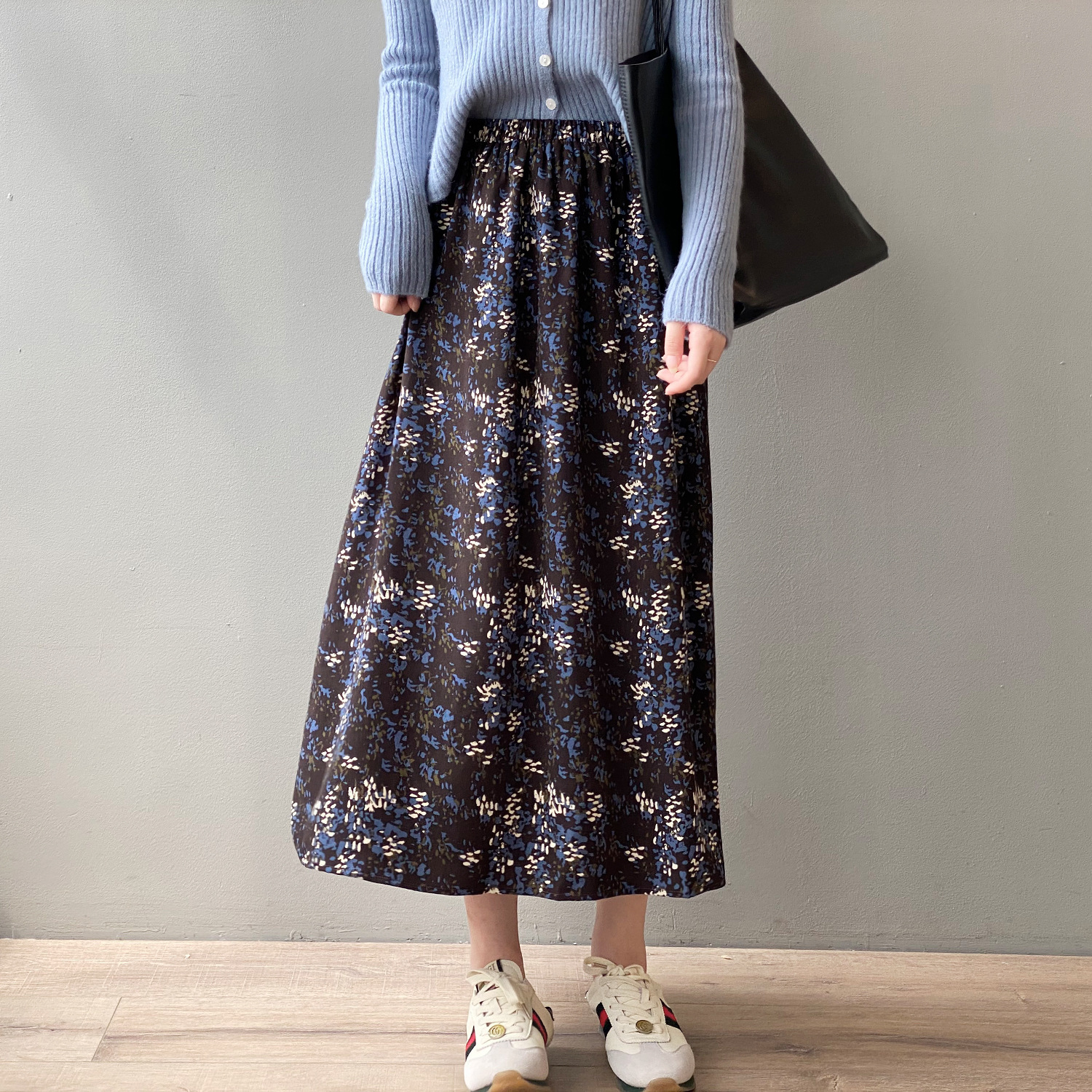 

2021 outono novas saias femininas retro solto floral drape moda cintura alta mid-length chiffon senhoras streetwear saia casual, Coffee