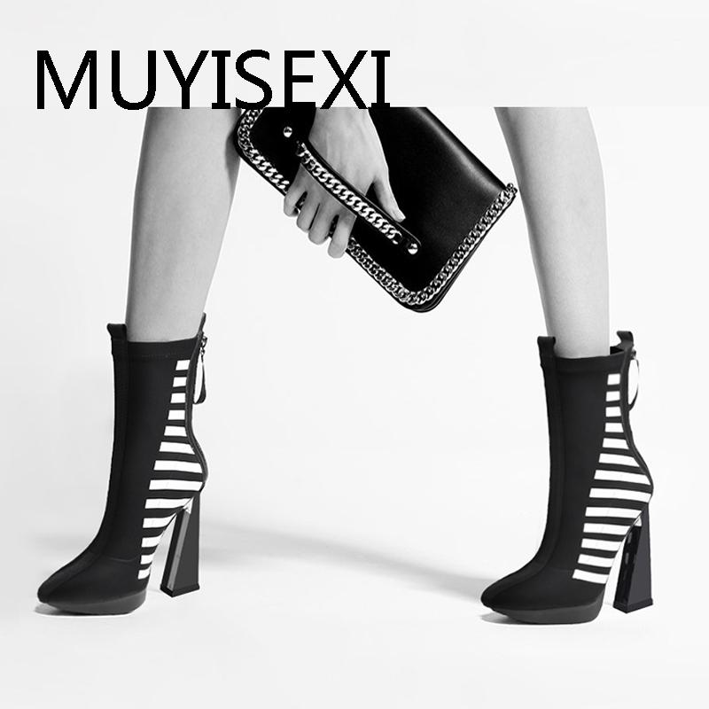 

11.5cm super high strange heel platform pointed toe mixed colors zip party nightclub elegant dating stretch boots HL315 MUYISEXI, Black
