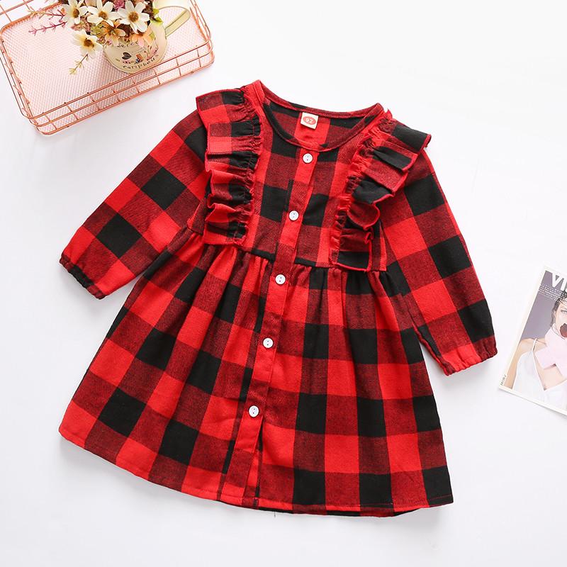 

Infant Baby Dress Plaid Print Round Neck Long Sleeve Shirt Dress Girls Ruffles A Line Dresses Red Black Checks