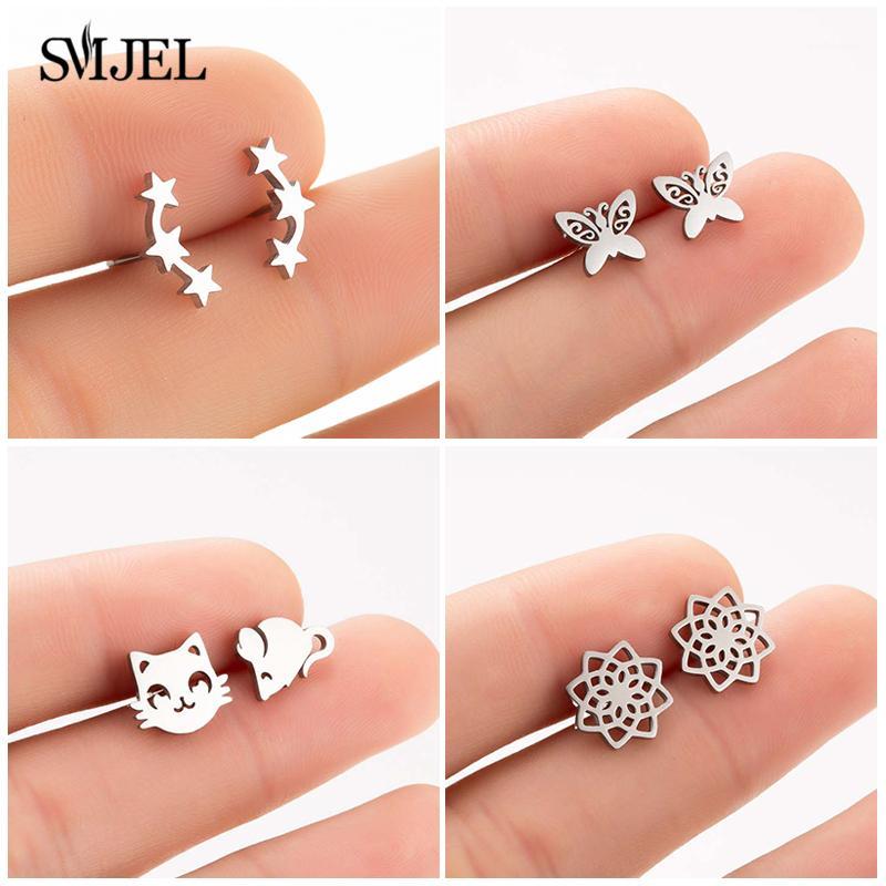 

SMJEL Stainless Steel Star Butterfly Mouse Cat Flower Punk Earrings For Women Small Earring Minimalism Ear Studs Female1
