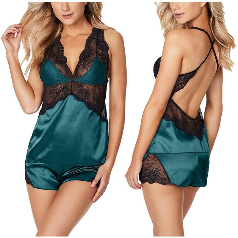 

Women Sexy Exotic Sets Elegant Lace V-Neck Pajama Sleeveless Sweet Pink Suits Ladies Fashion Home Print Sleepwear Suit, Blue