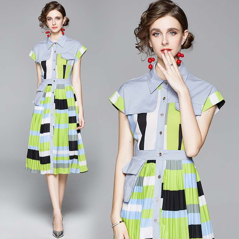 

2021 New Merchall Summer for Women Runway Shirt Short Sleeve Geometry Printing Pockets Belt Pleated Midi Robe Ete Femme Ij7u, Blue green