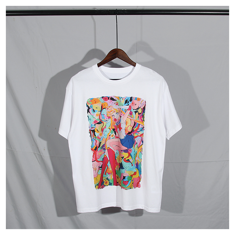 

2021 Japanese Harajuku Cartoon Printed for and Women Street Style Hip Hop Cotton Short Sleeve T-shirt Summer New Top Men Mhww, Black