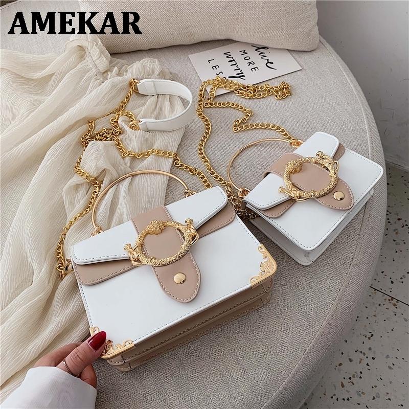 

Contrast color Square crossbody bag 2020 Totes With Metal Handle Quality PU Leather Women's Handbag Chain Shoulder Messenger Bag, White