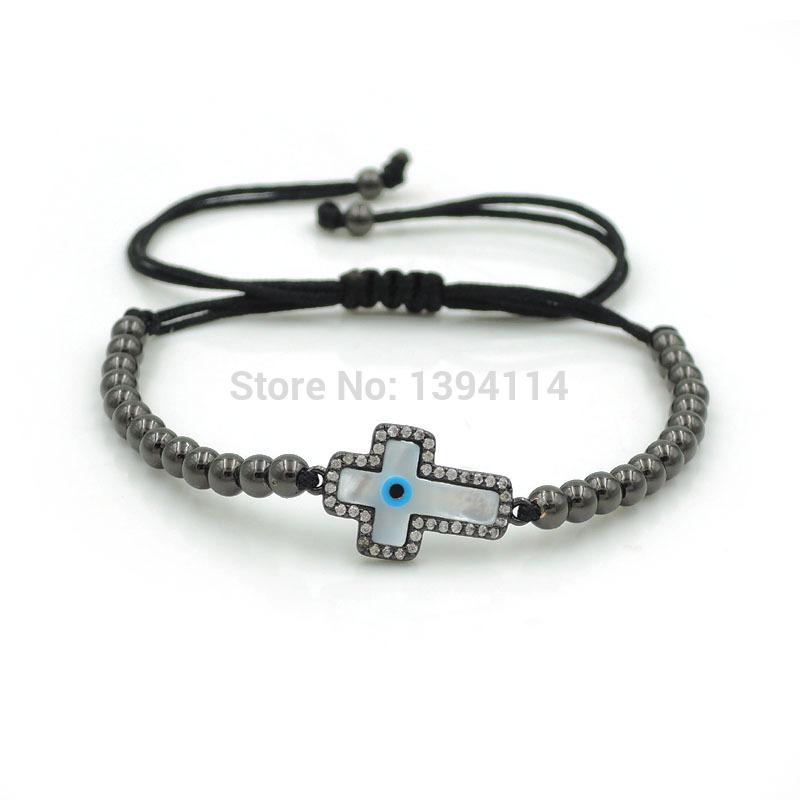 

20*12*2mm Micro Pave CZ Hamas Shell Eye Rectangular Cross Charm & 4mm Round Beads Braided Macrame Bracelet Jewelry