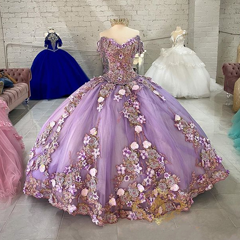 

Luxury Off Shoulder 3D Flower Quinceanera Dresses Ball Gown Princess Sweet 16 Year Party Gowns vestidos de 15 años anos, Purple