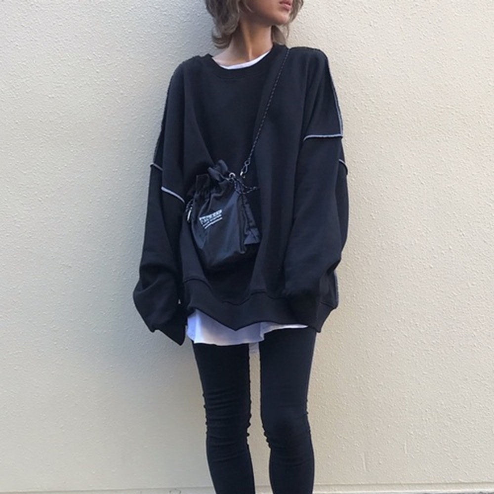 

2021 New Spring Loose Hoodies Oversize Long Sleeve Women Sweatershirts Tops Korean Streetwear Pullover Simple Hooded MAR3, Black