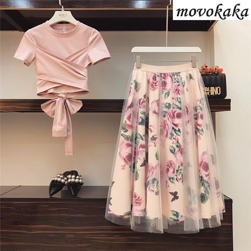 

MOVOKAKA 2020 Fashion Two Piece Set Women Top And Skirt Plus Size 2 Piece Set Women Summer T Shirt+Mesh Skirts Sexy Women' Sets1, Short sleeve top