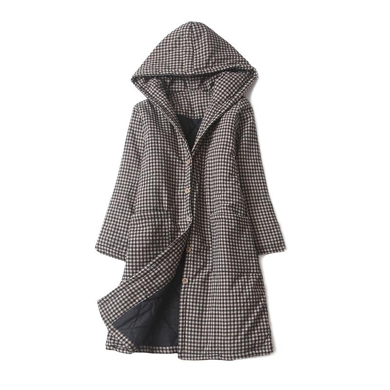 

2020 winter ethnic style cotton and linen hooded small plaid single-breasted mid-length plus cotton padded coat, Black