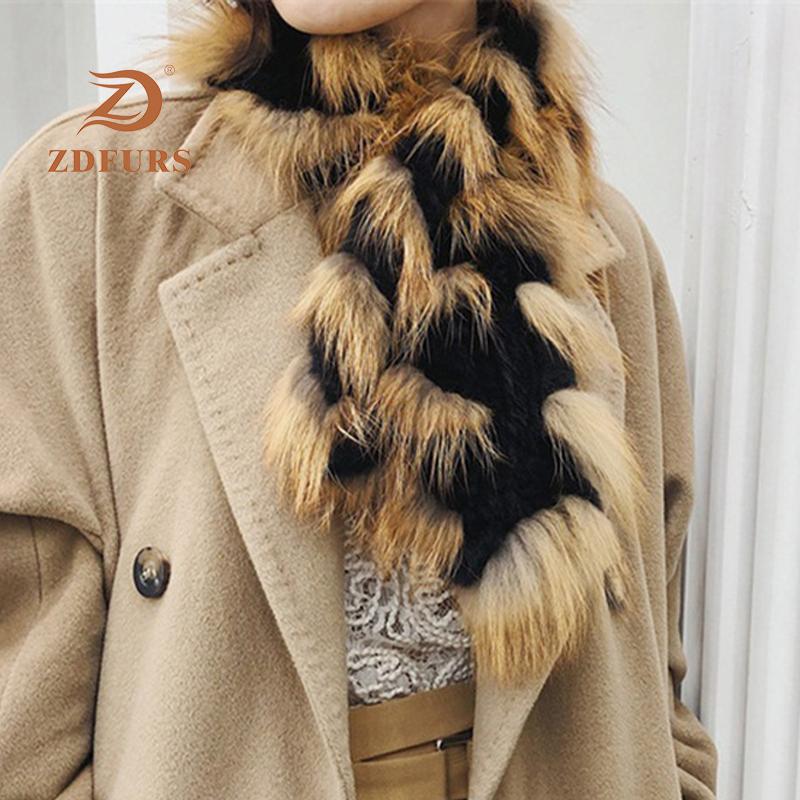 

ZDFURS* women natural fur scarf 2020 winter girls rex fur and sliver red scarves rings