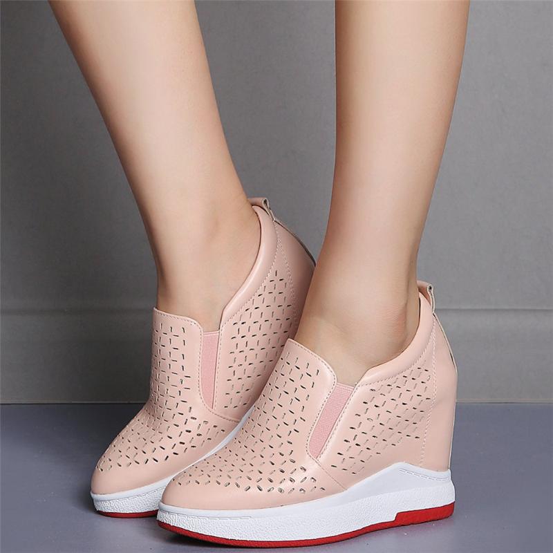 

Summer Platform Pumps Shoes Women Genuine Leather Wedges High Heel Ankle Boots Female Round Toe Fashion Sneakers Casual Shoes, Black