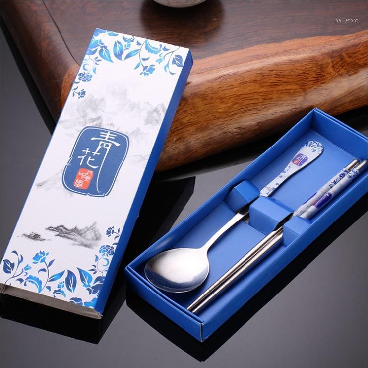 

300sets 5 colors creative practical dinnerware set stainless steel spoon chopsticks with gift box wedding favors W71541