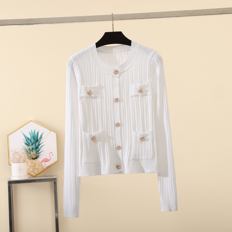 

2021 New Autumn Mesh Cardigan Female Retro Short Fine Sweet Collared Round Collar Sleeves Long Yellow Fashion Jumpers Tops HFDH, White