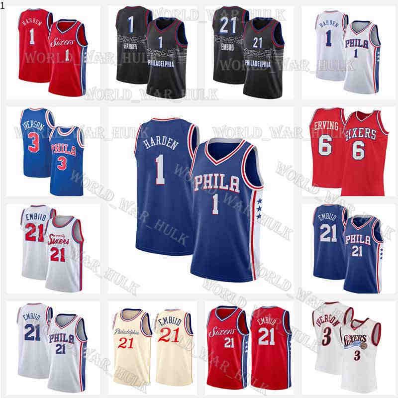 

1 James Harden Joel 21 Embiid Basketball Jersey 3 Allen Iverson 2021 2022 City 6 Julius Erving Philadelphia''76ers''Mens Jerseys Black White Red, Men jersey
