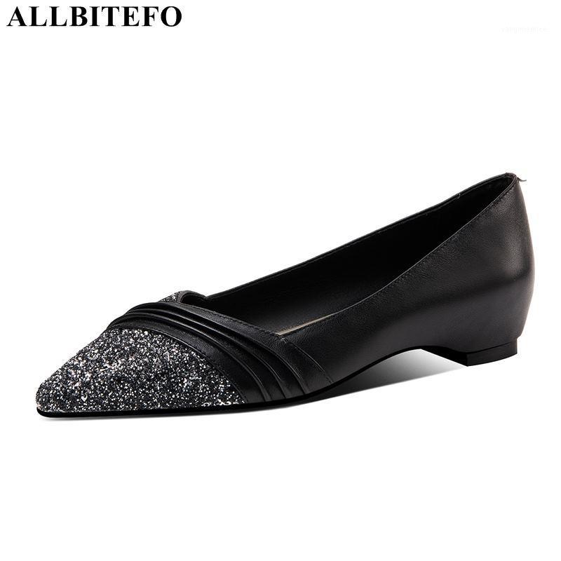 

ALLBITEFO genuine leather+Sequins low-heeled comfortable women shoes thick heels office ladies shoes women high heel1, As picture