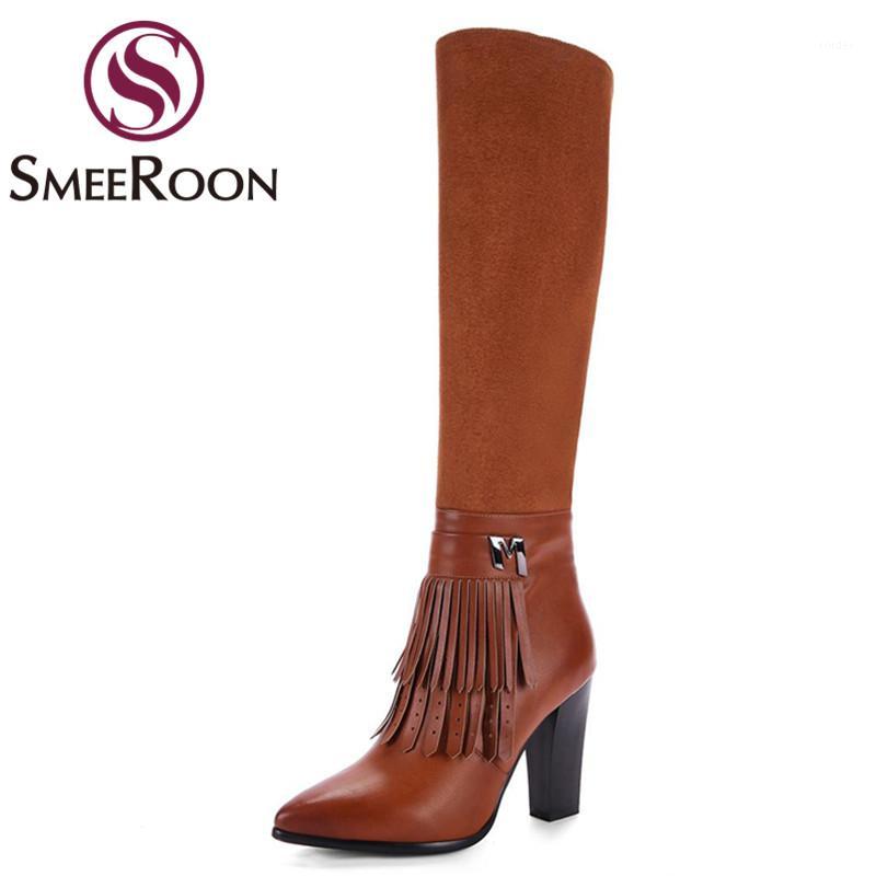 

Smeeroon hot sale knee high boots zipper lady keep warm winter boots pointed toe sexy high womens fringe comfortable shoes1, Black