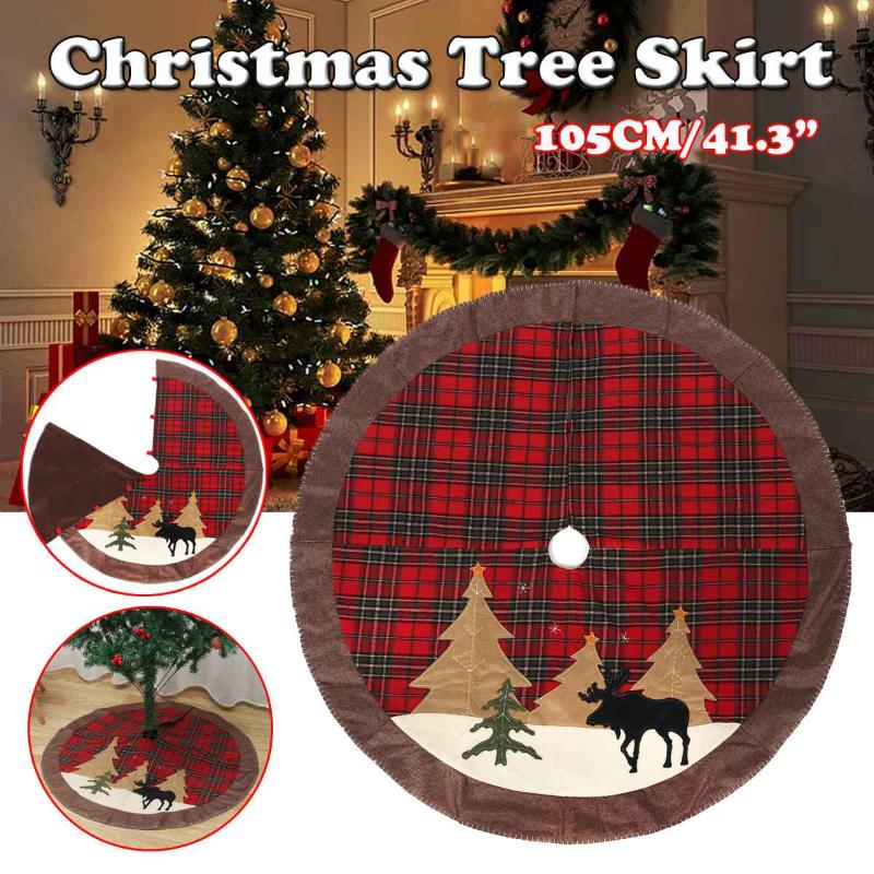 

105cm/41.3" Christmas Tree Skirt Cover Red Plaid Round Floor Mat Carpet Ornaments Christmas New Year Home Party Decoration