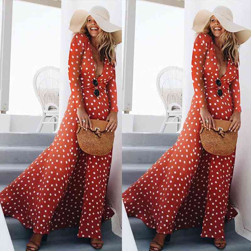 

Red Dress Fall Sexy Womens Holiday Polka Dots Slit Ladies Bohemian Sashes Maxi Long Sleeve High Split Printed Autumn Dress, Black;gray